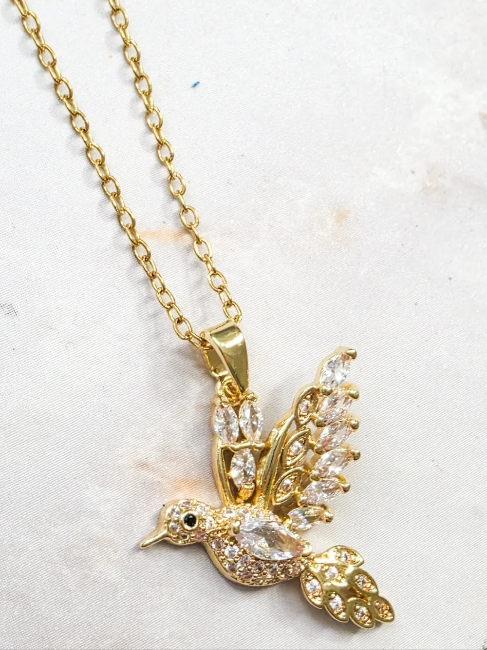 Golden Hummingbird Pendant Necklace Sparkling Marquise Crystal Bird Jewelry